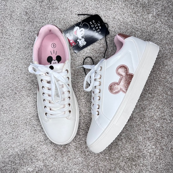 NEW Disney Mickey Mouse White Sneakers Rose Gold 9 - Picture 1 of 5